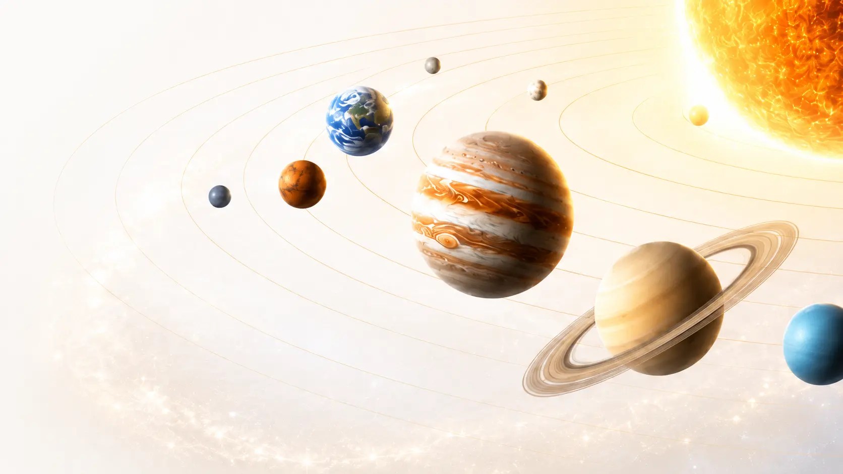 Golden solar system with planets on a pearl-white celestial background